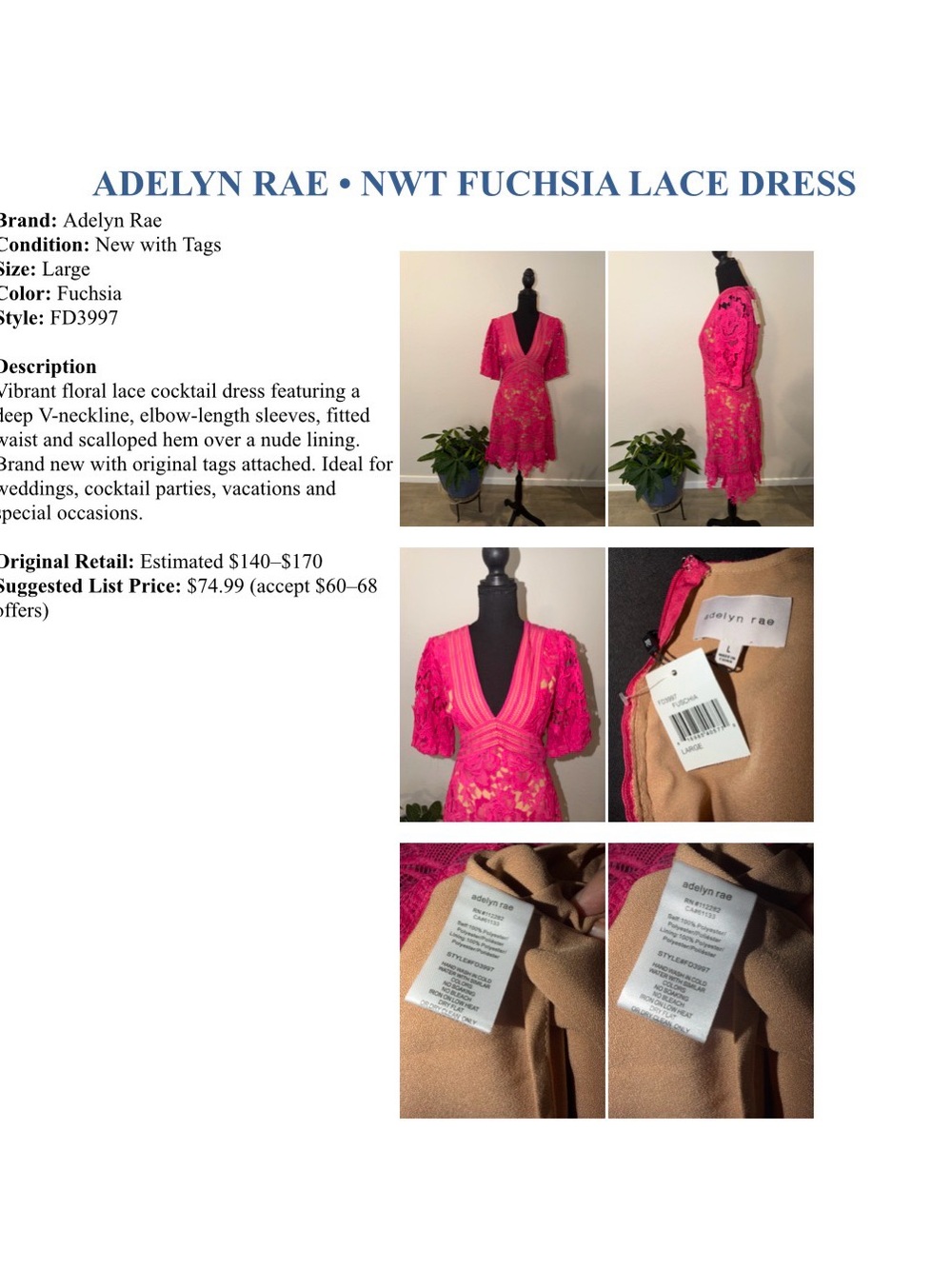 Adelyn Rae Fuchsia Lace V-Neck Elbow-Sleeve Cocktail Dress